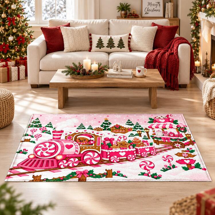 1pc Pink Santa Mailbox Christmas Area Rug, Gift Theme Seasonal Floor Decor, Suitable For Nursery, Kids Room, Bedroom And Holiday Home Decor - Multicolor - View 2
