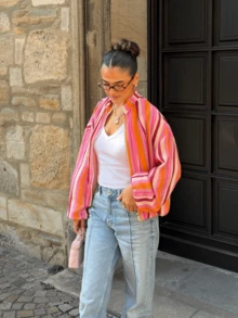 2026 Summer Fall Vacation Women's Colorful Striped Long Sleeve Regular Fit Stand Collar Polyester Coat With Zipper Detail For Spring Outfits - Red - View 6