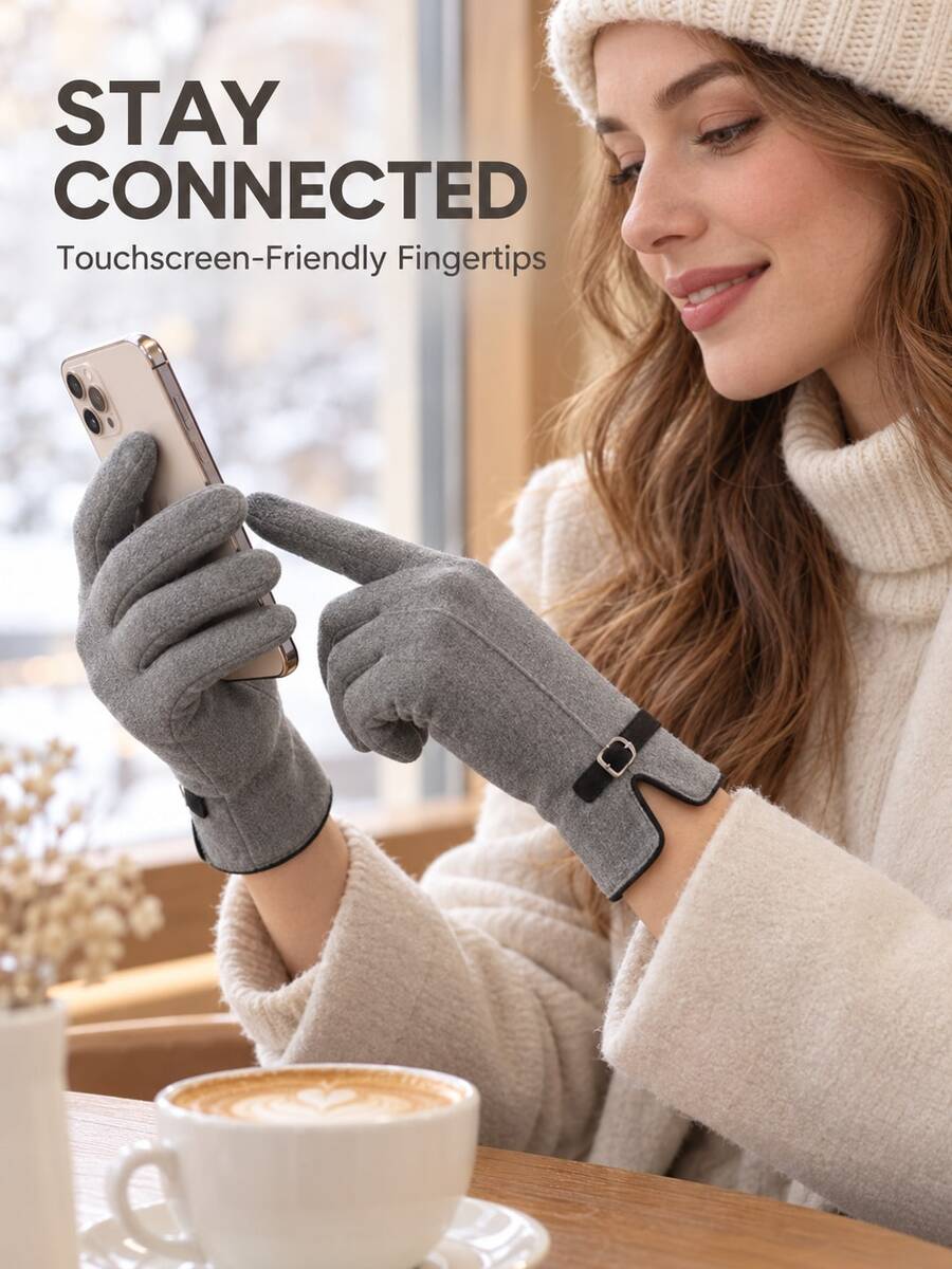 Women's Winter Warm Solid Color Gloves, Five-Finger Design With Decorative Buckle Strap, Soft Lining With Touchscreen Fingertips, Windproof Elastic Gloves, Suitable For Commuting, Driving, Walking, Traveling, Outdoor Activities, Christmas And Cold Weather - Multicolor - View 1