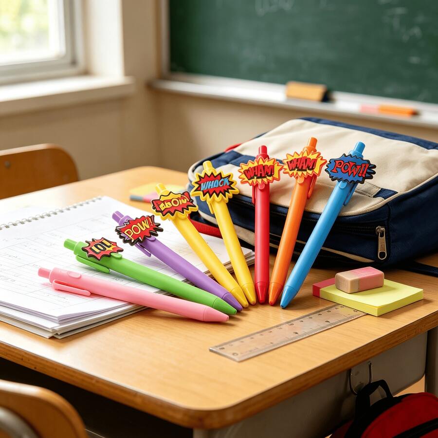 8/16pcs Multi-Color Comic Burst Word Ballpoint Pens (8pcs/16pcs), Fun BOOM POW Designs, Smooth Writing, Creative Stationery For School & Office - Multi-color - View 1