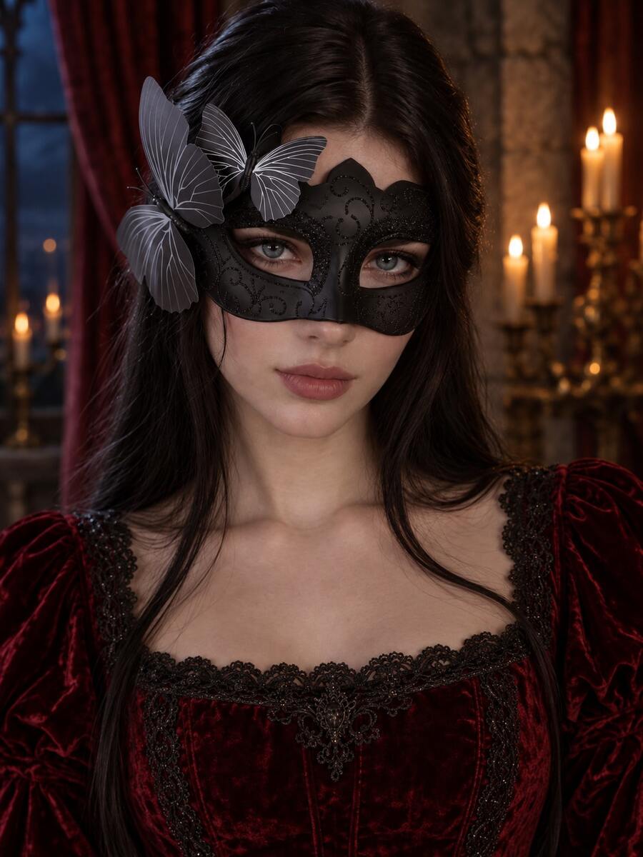Mysterious Gothic Black Glitter Embossed Masquerade Mask Double Black Butterfly For Halloween Cosplay Dark Bridal Wedding Carnival Prom Party - Black - View 1