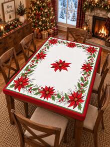 1pc Red Poinsettia & Holly Berry Elastic Tablecloth, Christmas Style Polyester Round/Square Fitted Table Cover With Elastic Edge, Wrinkle-Resistant Protective Dining Tablecloth For Christmas, Holiday Parties, Winter Home Decor - Multicolor - View 5