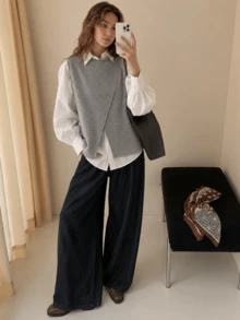 New Autumn/Winter Women's Minimalist Asymmetrical Slit Pullover Vest - Light Grey - View 1