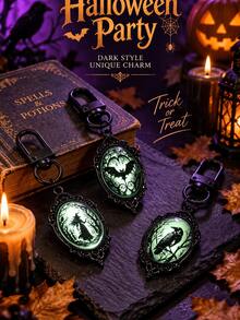 Halloween Gothic Glow-In-The-Dark Bat Keychain - Vintage Black Frame Oval Convex Design, Dark Aesthetic Glow-In-The-Dark Backpack Charm, Mysterious Atmosphere Party Accessory, Suitable For Gothic, Witchcraft And "Dark Academia" Party Looks - Multicolor - View 1