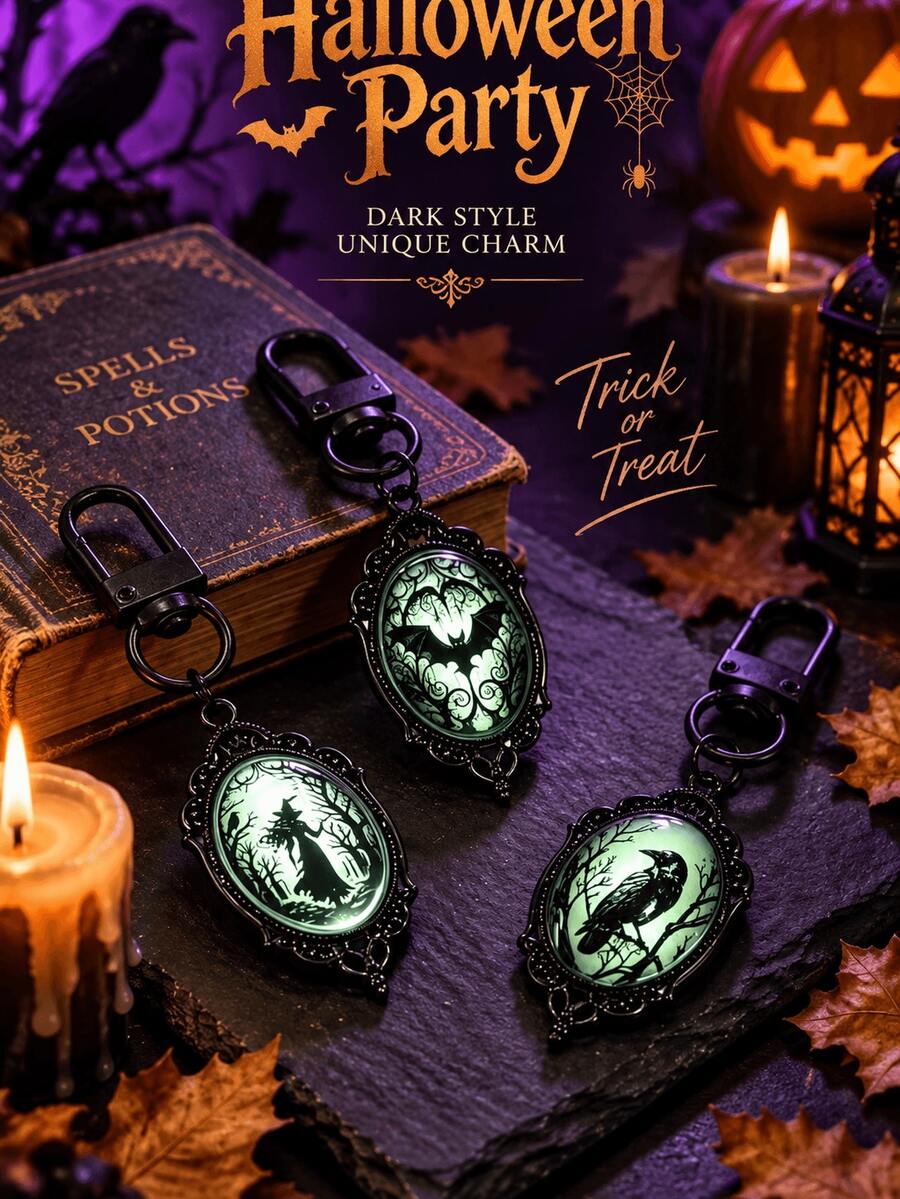 Halloween Gothic Glow-In-The-Dark Bat Keychain - Vintage Black Frame Oval Convex Design, Dark Aesthetic Glow-In-The-Dark Backpack Charm, Mysterious Atmosphere Party Accessory, Suitable For Gothic, Witchcraft And "Dark Academia" Party Looks - Multicolor - View 1