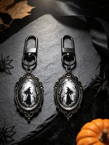 Halloween Gothic Glow-In-The-Dark Bat Keychain - Vintage Black Frame Oval Convex Design, Dark Aesthetic Glow-In-The-Dark Backpack Charm, Mysterious Atmosphere Party Accessory, Suitable For Gothic, Witchcraft And "Dark Academia" Party Looks - Multicolor - View 5