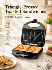 SOKANY Pembuat Roti Lapis Segitiga, Piring Panggangan Anti Lengket 2 Iris, Alat Pembuat Panini Sarapan Elektrik untuk Dapur Rumah - Hitam - View 9