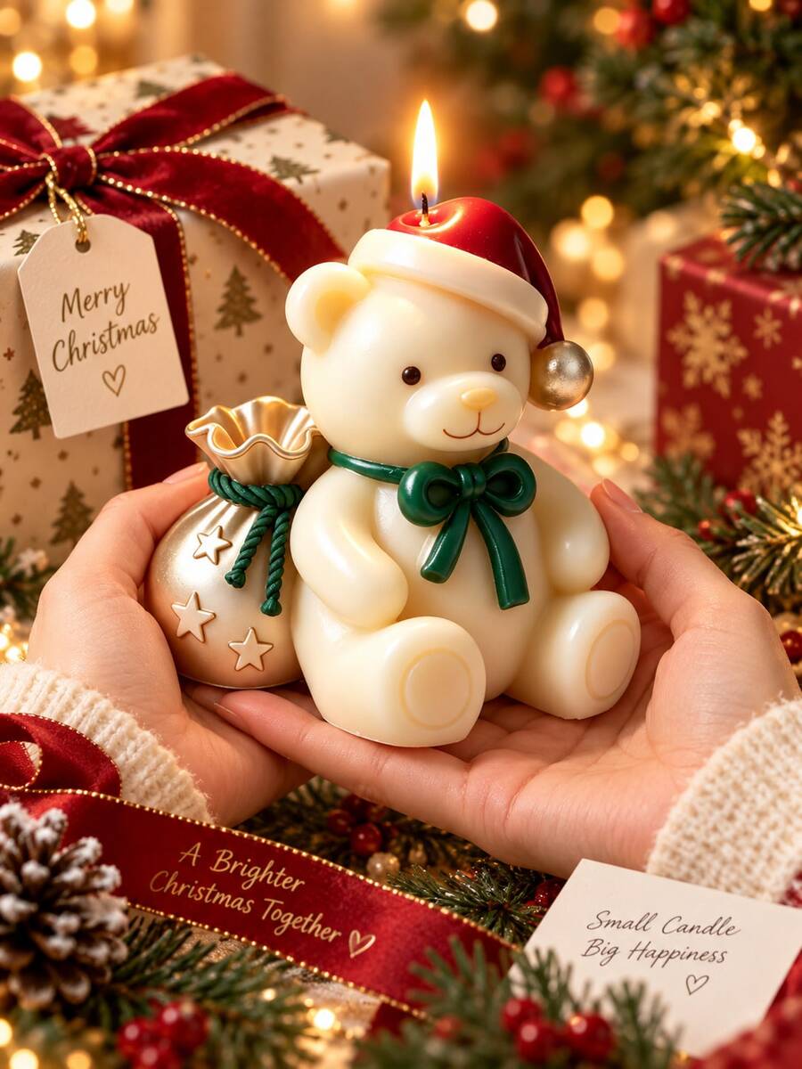 Cute Sitting Christmas Teddy Bear Silicone Mold, 3D Bear With Christmas Hat And Star Gift Bag, Handmade Wax Epoxy Resin Soap Mold Christmas DIY Craft Decoration