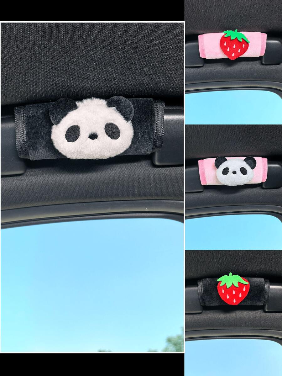 Cute Cartoon Strawberry & Panda Car Roof Grab Handle Cover, Soft Fabric Anti-Scratch Ceiling Overhead Pull Handle Protector Pad, Universal Decorative Car Interior Accessories For Girls - Short-hair Roof Handle - View 1
