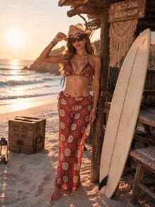 Elegant Women's Spring/Summer Halter Neck Red Printed High Elastic Fabric Sexy Casual Beach Pool Bikini Set, Suitable For Christmas - Multicolor - View 1