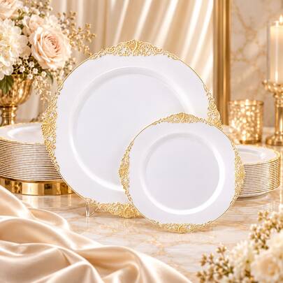 10/20/25pcs 10.25" And 7.5" White Lace Gold Rim Round Dinner Plates, Dessert Salad Food Serving Trays, Elegant Buffet Tableware For Holiday, Halloween, Autumn Harvest Party, Suitable For Host And Guest Celebration Tableware Set