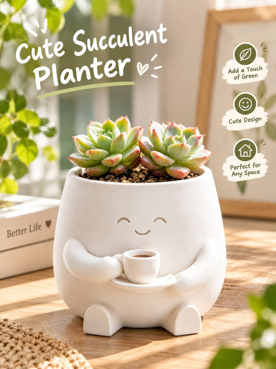 Cute Cat Smiling Face Planter - 3D Printed Mini Flower Pot, Plastic Indoor Plant Pot With Drainage Hole, Asymmetrical Shape Suitable For Home Office Desk Decor, Smiling Flower Pot Gift For Cactus And Small Plants