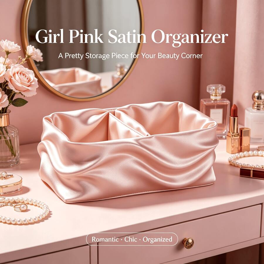 Satin Ruffle Edge Vanity Storage Box, Dual Compartment Design, Decorative Desktop Jewelry & Cosmetic Organizer For Earrings, Necklaces, Lipsticks, Romantic Vanity Decor For Women,Makeup Organizer,Room Decor