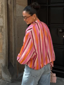 2026 Summer Fall Vacation Women's Colorful Striped Long Sleeve Regular Fit Stand Collar Polyester Coat With Zipper Detail For Spring Outfits - Red - View 8