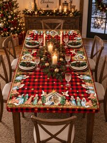 2pcs Red Buffalo Plaid Nativity Elastic Tablecloth Set, Vintage Christmas Stretch Polyester Round & Square Fitted Table Covers With Snug Edge, Wrinkle-Resistant Decor For Holiday Dining, Party, Kitchen & Winter Home - Multicolor - View 5