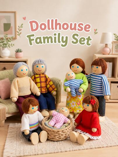 8pcs Wooden Family Figurine Set, Posable Miniature Character Statues With Fabric Clothing, Decorative Family Dolls For Room Desktop Decor, DIY Dollhouse Scenes And Gifts