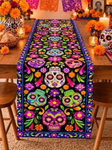 1pc Colorful Day Of The Dead Skull Table Runner, Rustic Boho Linen Rectangular Table Scarf With Calavera Faces, Marigold Blooms, Botanical Motifs & Decorative Edge, Reusable Dining Decor For Ofrenda, Halloween Party, Kitchen & Fall - Multicolor - View 4