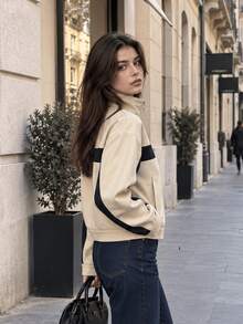 Women's Fashion Long Sleeve Baseball Jacket, Stand Collar Design, Front Zipper Closure, Side Stripe Detail, Suitable For Autumn Wear - Khaki - View 2