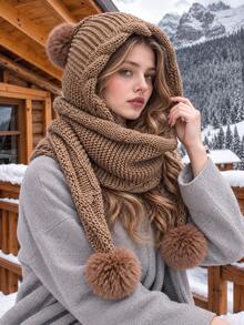 Women's Thick Knitted Hooded Scarf Hat, Vintage Pom Pom Decor Warm Ear Protection Hat, Windproof Neck Warmer 2-In-1 Design, Outdoor Commute Versatile Winter Warm Accessory Gift - A - View 1