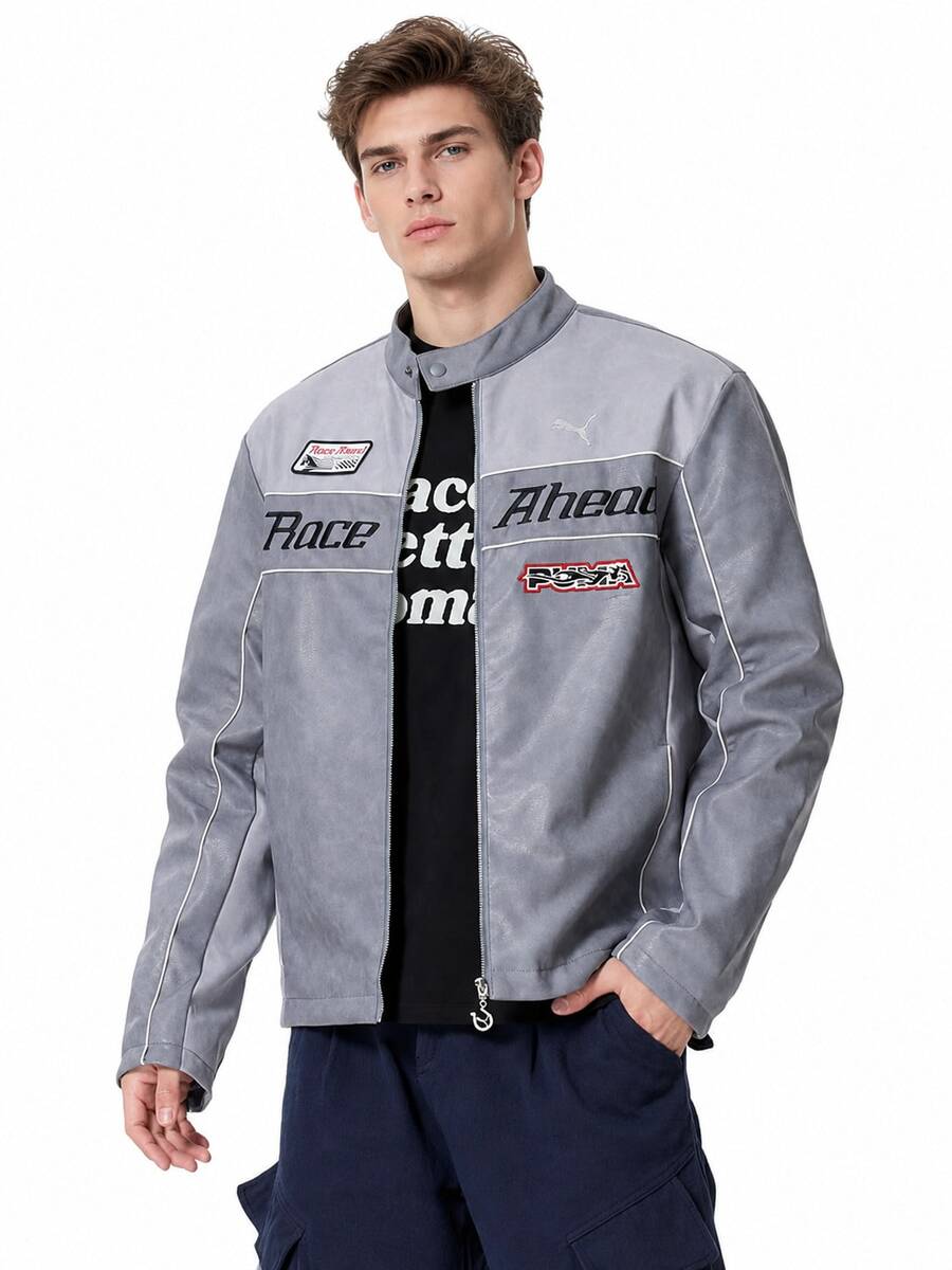 Puma 新款中性戶外機車皮革夾克上衣 - 灰色 - 查看 1