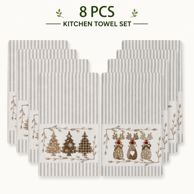2pcs Beige Christmas Tree & Reindeer Pattern Kitchen Towels Dish Cloths, Christmas Winter Reindeer Christmas Tree Striped Print Decorative Kitchen & Dining Table Supplies, Christmas Gifts & Housewarming Gifts, Suitable For Cleaning, Drying, Dish Washing, Hand Wiping, Tableware Wiping, Countertop Cleaning, Kitchen, Dining Room & Holiday Home Decor - Multicolor - View 15