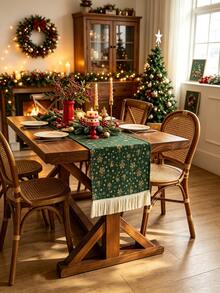 1PC Green Table Runner With Gold Bell & Snowflake Pattern, Foil Print, Farmhouse Christmas Style, Woven Fabric With Tassel Edge, Washable & Wrinkle Resistant, Decorative Table Runner For Dining Table, Coffee Table, Xmas Holiday Party Decoration - Green - View 3