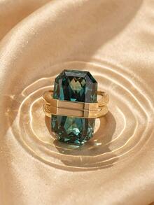 SWAROVSKI Emerald Cut Crystal Stackable Ring, Double Band Geometric Large Green Crystal Statement Ring, Luxury Cocktail Ring Birthday Gift For Women - Green - View 4
