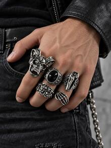 5pcs Vintage Distressed Silver Gothic Men's Rings, Ram Horn Skull Coffin Embossed Finger Rings, Halloween Dark Layered Accessories Gift - Antique Silver - View 1