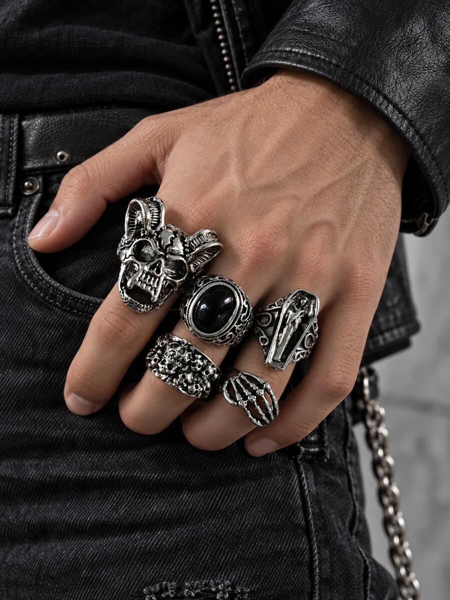 5pcs Vintage Distressed Silver Gothic Men's Rings, Ram Horn Skull Coffin Embossed Finger Rings, Halloween Dark Layered Accessories Gift - Antique Silver - View 1