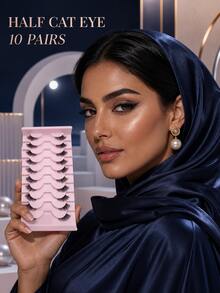 10 Pairs Half-Length Cat Eye False Eyelashes, Soft Fiber, Lifted Outer Corner, Transparent Thin Stem - Essential For Middle Eastern Makeup, Lightweight Invisible Reusable, Half-Length Outer Corner Lashes, Suitable For Daily Light Makeup And Special Occasions - View 2