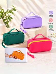 Silicone Cosmetic Bag With Handle And Wrist Strap, Portable Zipper Makeup Pouch, Multicolor Soft Silicone Travel Toiletry Organizer Bag, Reusable Washable Storage Case For Makeup Stationery Small Items - Multicolor - View 1