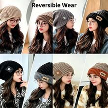 New Double-Sided Wearable Slouchy Beanie Hat, Korean Style Knitted Hat, Autumn/Winter Casual Elastic Winter Hat, Warm Ear Protection, Cold-Proof, Warm - Reversible With Knitted Hat - View 1