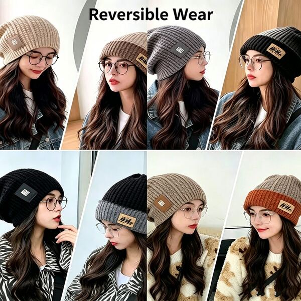 Nuevo gorro slouchy reversible para usar, gorro de punto estilo coreano, gorro de invierno casual elástico para otoño/invierno, protección cálida para las orejas, a prueba de frío, cálido