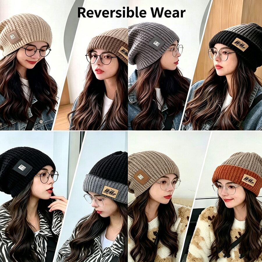 New Double-Sided Wearable Slouchy Beanie Hat, Korean Style Knitted Hat, Autumn/Winter Casual Elastic Winter Hat, Warm Ear Protection, Cold-Proof, Warm - Reversible With Knitted Hat - View 1