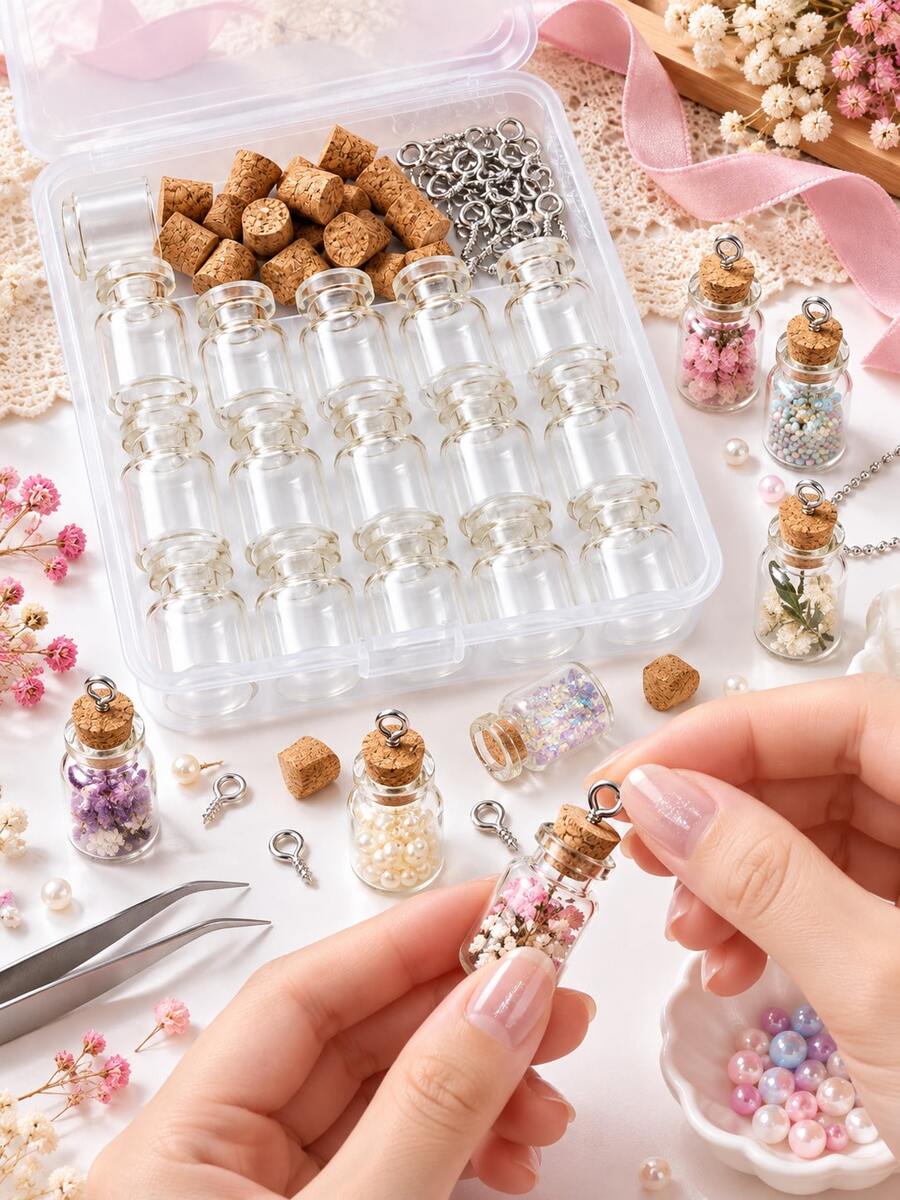 15pcs/Box Mini Glass Bottle Set With Cork Stoppers And Eye Screws - Clear Small Bottles With Storage Box, Suitable For DIY Wish Bottles, Spell Jars, Jewelry Necklaces, Pendants And Crafts - Multicolor - View 1