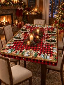 2pcs Red Buffalo Plaid Nativity Elastic Tablecloth Set, Vintage Christmas Stretch Polyester Round & Square Fitted Table Covers With Snug Edge, Wrinkle-Resistant Decor For Holiday Dining, Party, Kitchen & Winter Home - Multicolor - View 6