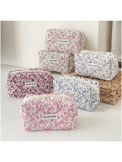 1pc 6-Color Mini Floral Makeup Bag, Women's Cosmetic Storage Bag, Large Capacity Quilted Makeup Bag, Cute Floral Toiletry Bag, Fluffy Makeup Bag, Gift, For Friends, For Her, Birthday Gift, Back To School Supplies