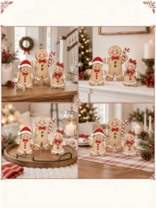 3pcs/Set Christmas Gingerbread Man Set, Farmhouse‑Style Gingerbread Figurines, Christmas Table Centerpiece, Window Display Decorations, Tabletop Ornaments, Holiday Decor Props - Multicolor - View 3