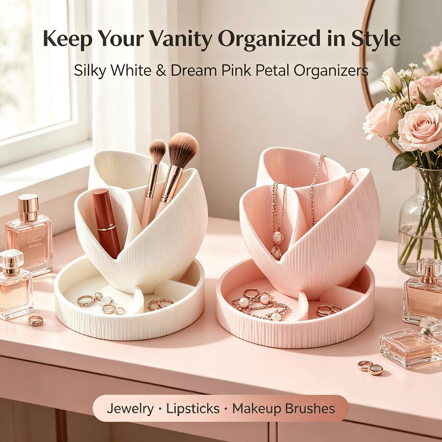 Petal-Shaped Vanity Storage Box, Decorative Storage Container For Earrings, Necklaces, Lipsticks And Makeup Brushes, Elegant Textured Vanity Decor, Suitable For Women - View 1