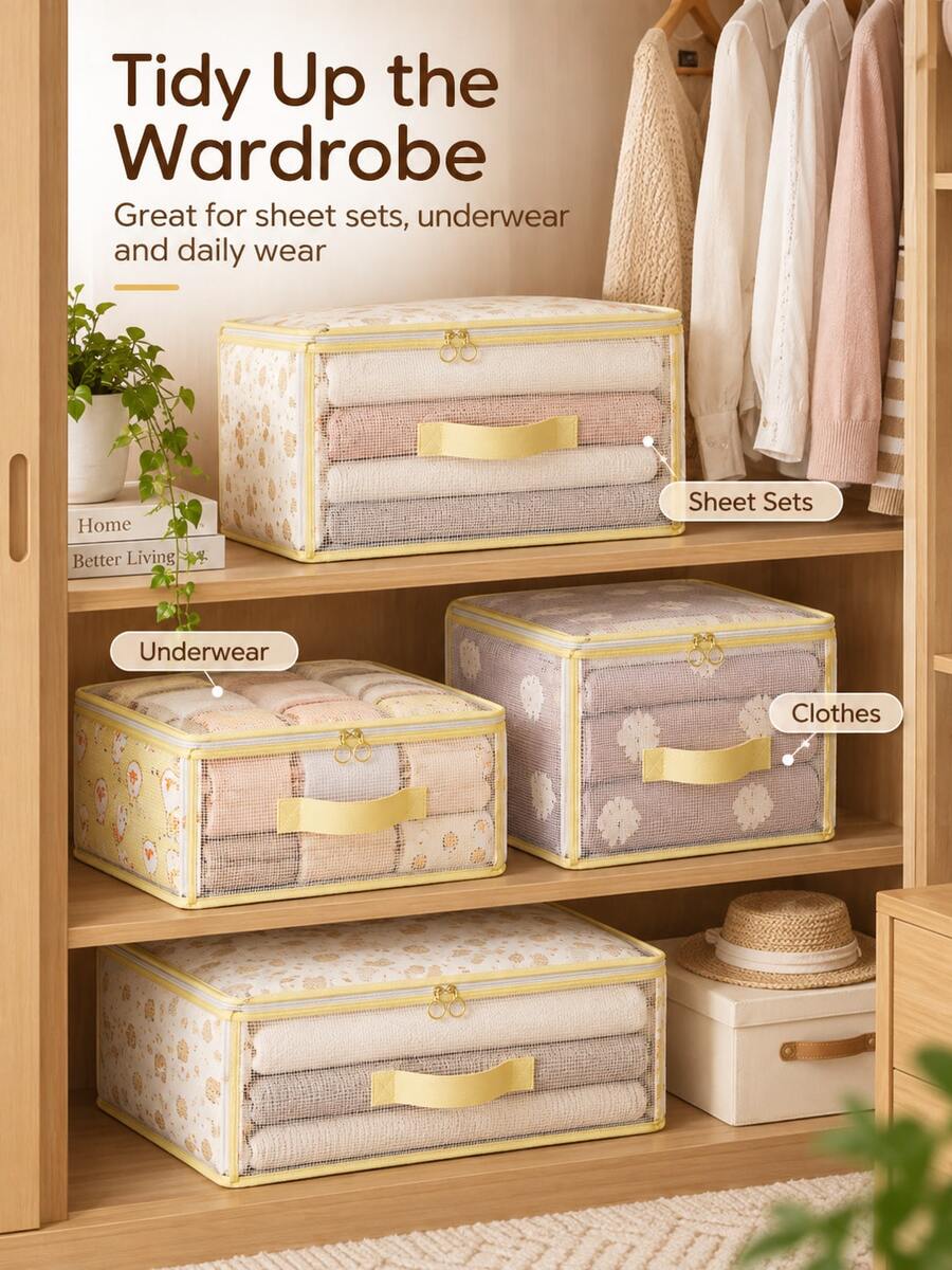 1pc Floral Print Foldable Storage Box, Mesh Visible Clothing Storage Bin With Handle, Stackable Zippered Wardrobe Storage Bucket, Suitable For Bedding, Bedroom And Dorm Home Organization - Multicolor - View 1