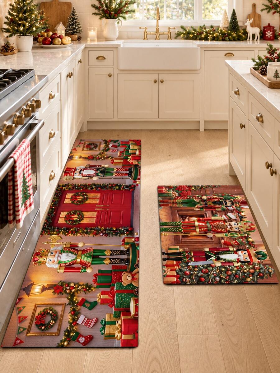 1/2pcs Christmas Kitchen Decor Rug, Christmas Nutcracker Design, Winter Kitchen Rug And Mat, Non-Slip Washable Absorbent Kitchen Accessories Decor Mat, Christmas Holiday Gift! - Multicolor - View 1