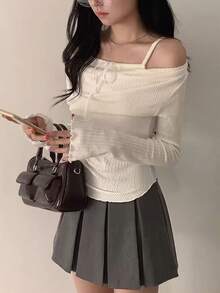 Women's Autumn Lace-Up Cami Patchwork Draped Neck Ruched Slim Fit Knit Long Sleeve T-Shirt Top - White - View 2