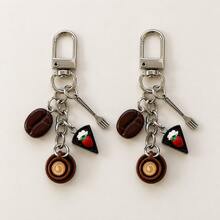 1pc/2pcs Unisex Resin Simulated Coffee Cup Strawberry Cake Coffee Bean Pendant Alloy Fork Accessory Keychain, Autumn/Winter Drink Bag Charm, Cute Wallet Accessory - Multicolor - View 5