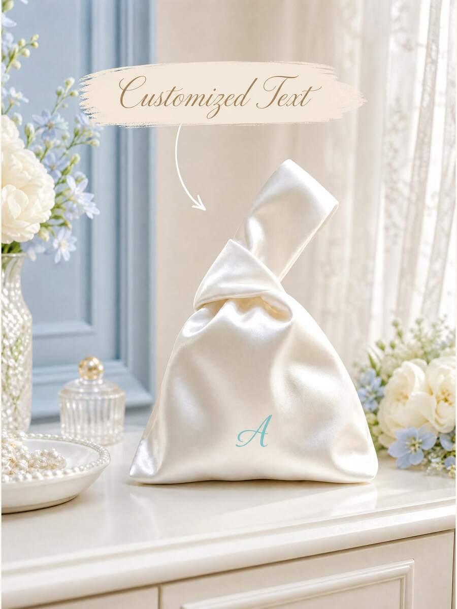 Personalized Printed Satin Knot Bag, White Satin Bridal Clutch, Customized Letter Pattern Bridesmaid Gift, Wedding Evening Party Handbag, Bridal Handbag - Multicolor - View 1