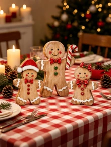 3pcs/Set Christmas Gingerbread Man Set, Farmhouse‑Style Gingerbread Figurines, Christmas Table Centerpiece, Window Display Decorations, Tabletop Ornaments, Holiday Decor Props - Multicolor - View 4
