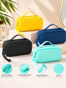 Silicone Cosmetic Bag With Handle And Wrist Strap, Portable Zipper Makeup Pouch, Multicolor Soft Silicone Travel Toiletry Organizer Bag, Reusable Washable Storage Case For Makeup Stationery Small Items - Multicolor - View 4