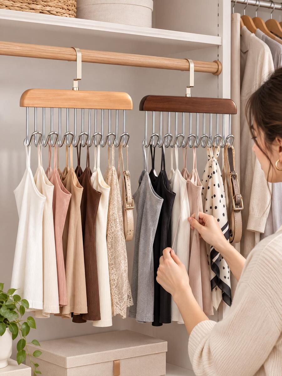 2pcs 8-Hook Wooden Multi-Purpose Hanger, 360° Rotating Space-Saving Closet Organizer, For Women And Men, Camisole Scarf Belt Tie Storage Rack, Bedroom Wardrobe Organization And Home Storage Essentials - Multicolor - View 1