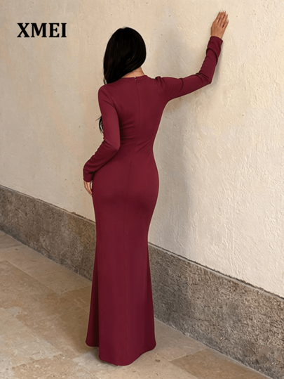1pc Solid Color Elegant Party Knit Fabric Hollow Chest Design High Slit To Thigh Dress Formal Evening Beach Vacation Bachelorette Party Back To School Party Summer