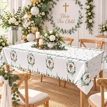1pc/2pcs 54"X108" God Bless Tablecloth, Eucalyptus Leaf Cross Religious Tablecloth, Sage Green Plastic Tablecloth, Suitable For Shower, Communion Decor - Multicolor - View 4