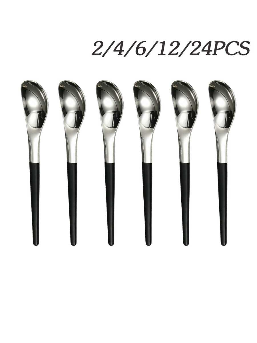 2/4/6/12/24pcs Stainless Steel Dessert Spoon Coffee Spoon Stirring Spoon Pudding Spoon Suitable For Dessert Coffee Afternoon Tea Restaurant Date - Silver + Black - View 1